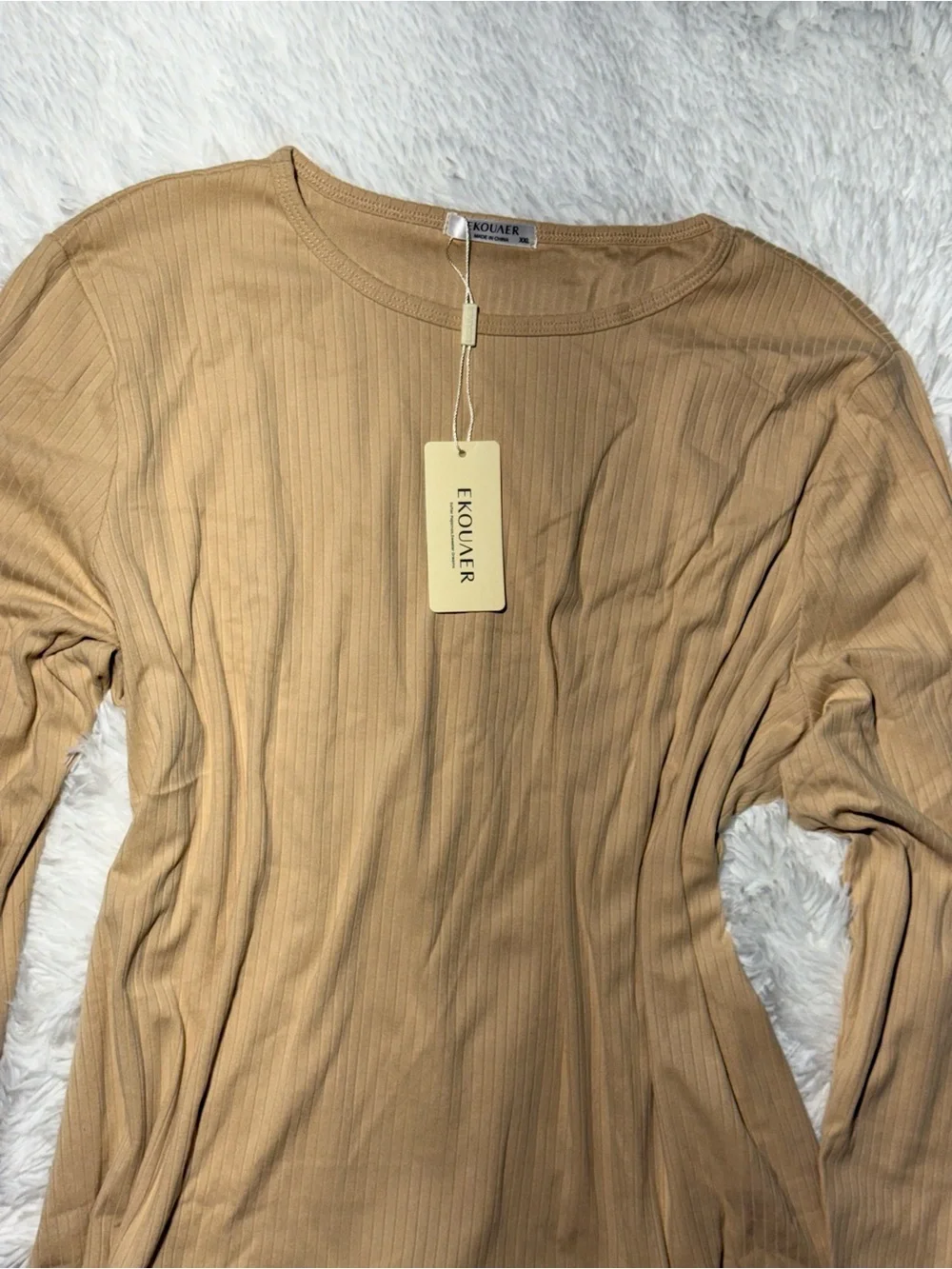 Women's Ribbed Lounge Set Size XXL Beige Tan Long Sleeve Pajama Pants 2pc